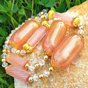 Vtg Hand Blown Golddust Art Glass Bead Necklace